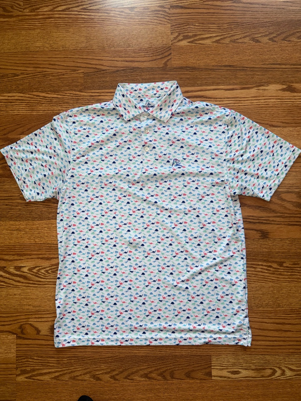 Rhoback Jurassic White Blue Polo with Multi-Color Dinosaur Print